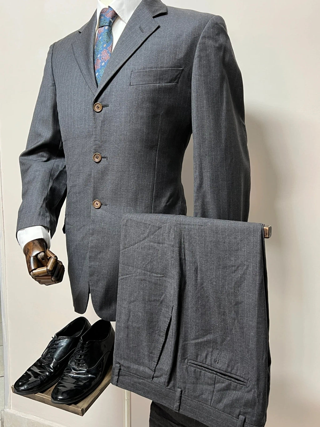 Abito Uomo Angelico Super 100 Lana Tasmania Grigio Gessato Made in Italy Tg 50 (MA179)