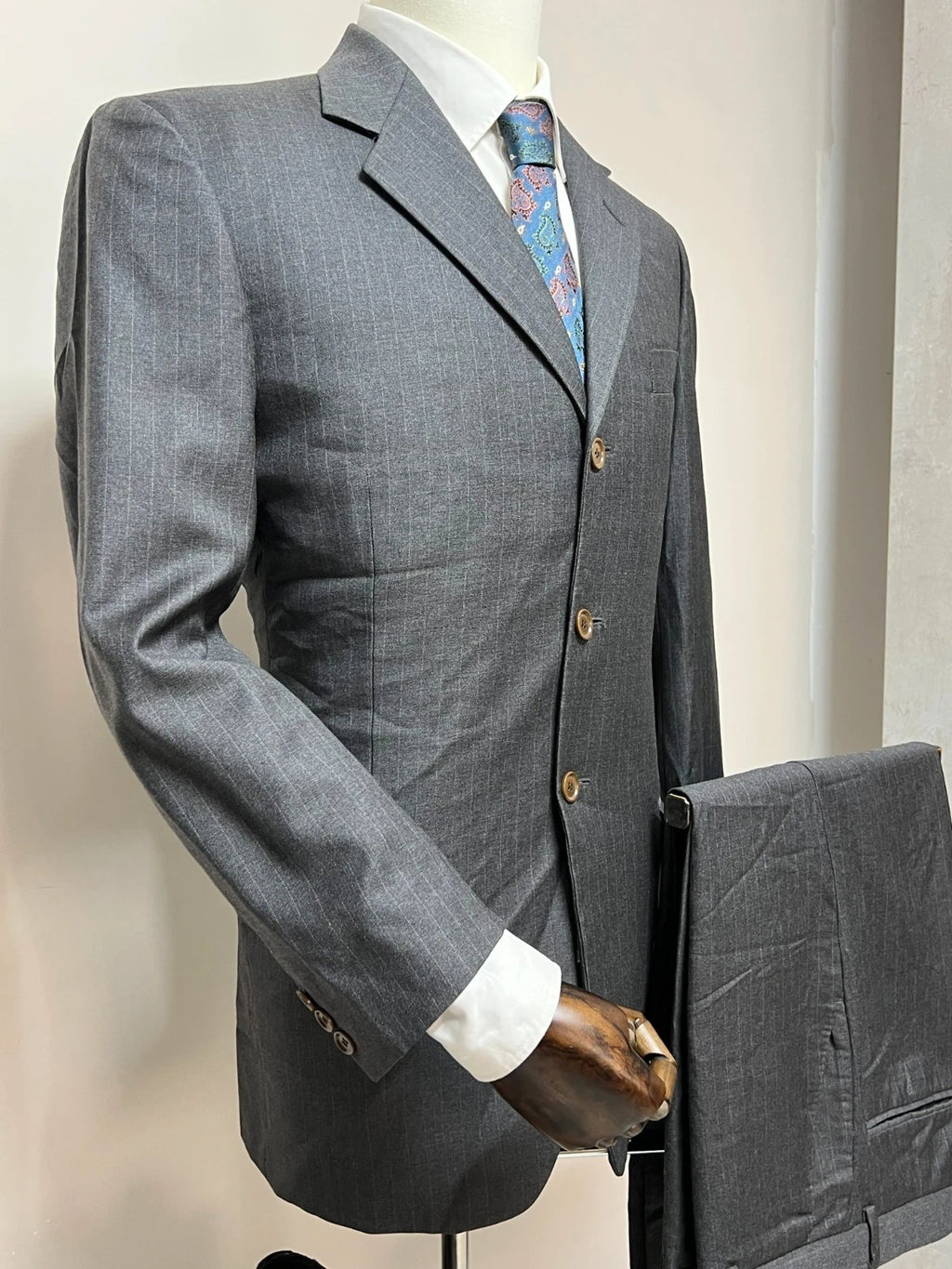 Abito Uomo Angelico Super 100 Lana Tasmania Grigio Gessato Made in Italy Tg 50 (MA179)